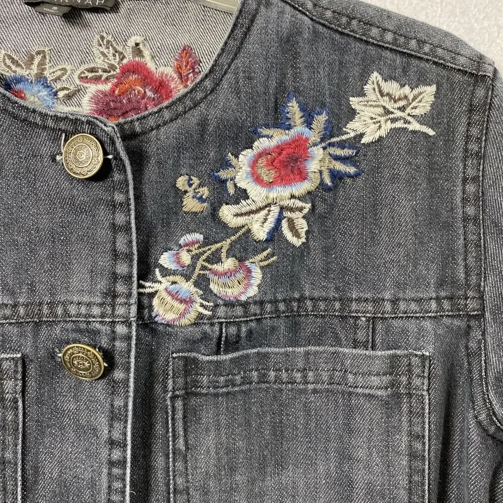 Hannah Jean Jacket Womens Small Black Denim Floral Embroidered Button Down - Picture 15 of 15